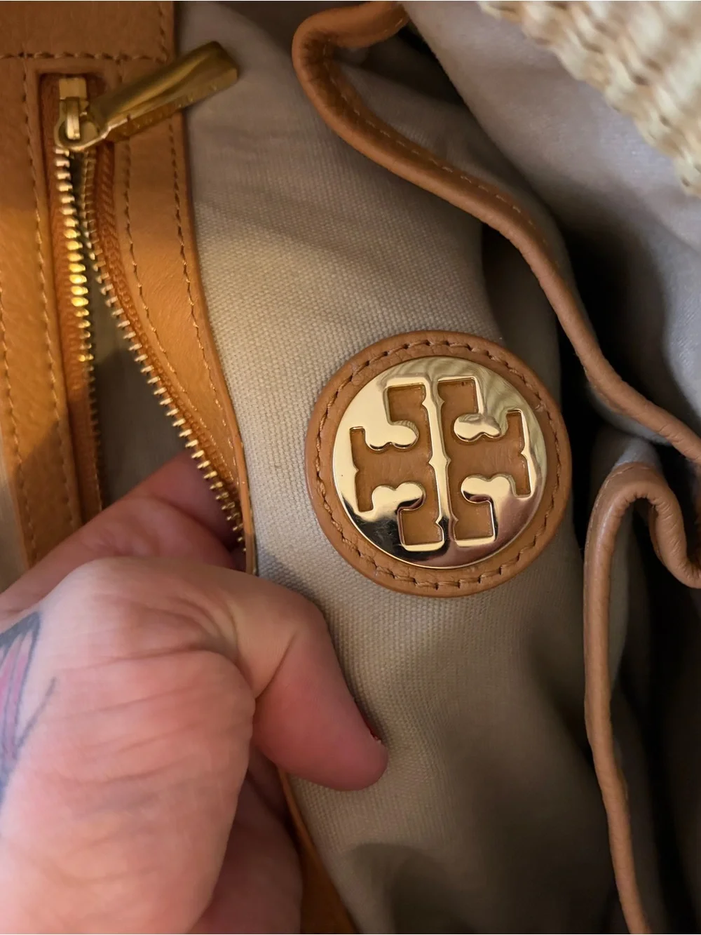 Tory Burch Beige Woven Tote with Leather Trim and Logo